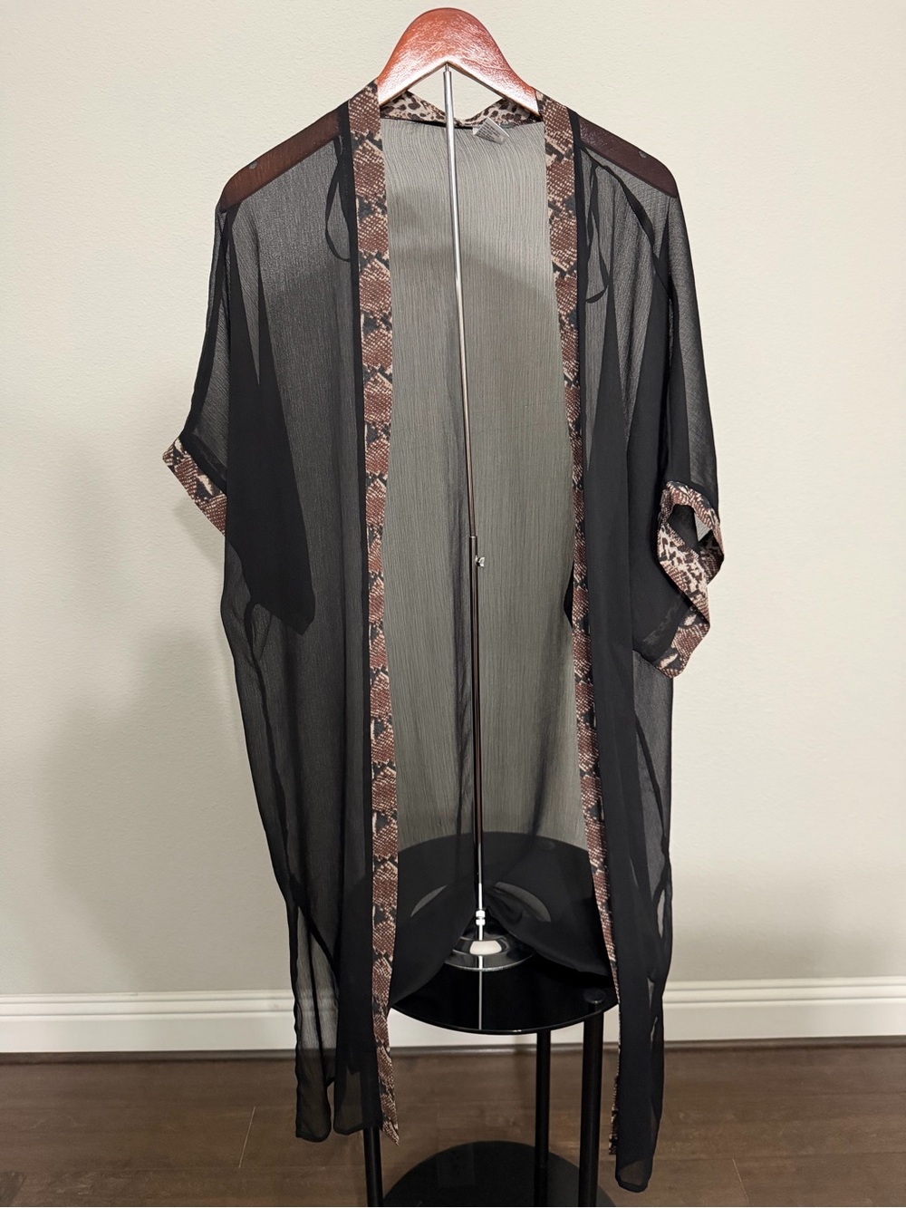 Black Sheer Long-Sleeve Kimono with Snake-Print Trim